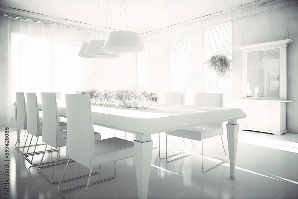 modern white dining table and chairs in a minimalist room. Generative AI