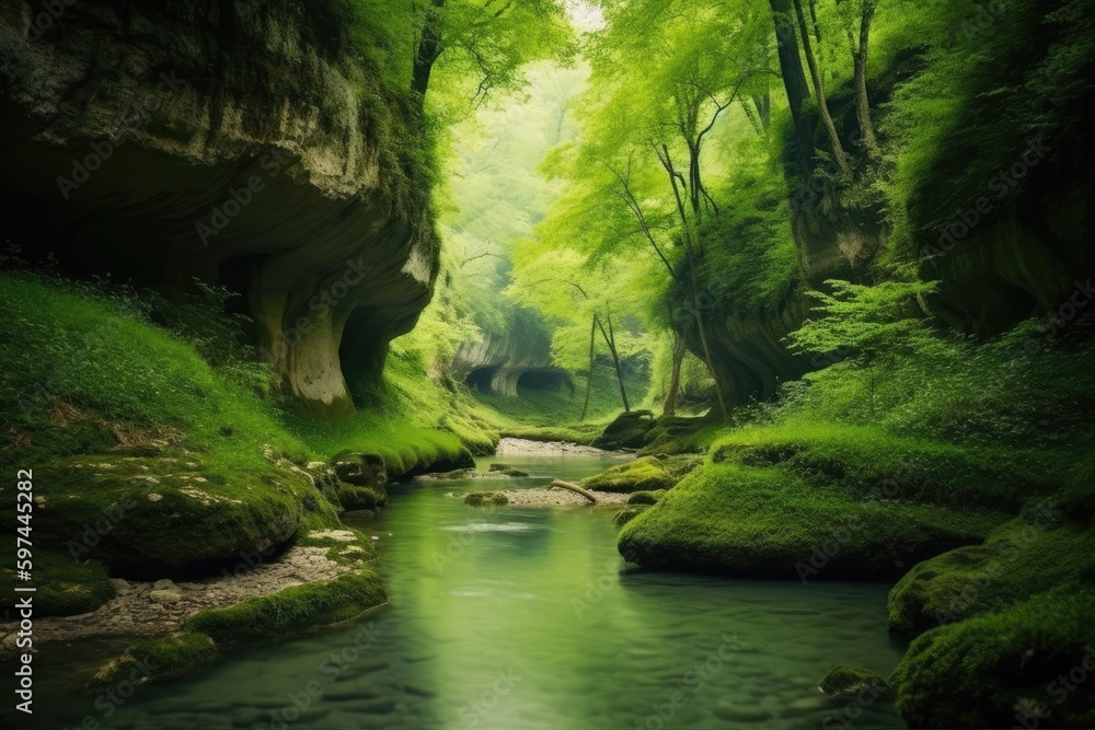 serene river flowing through a dense forest. Generative AI