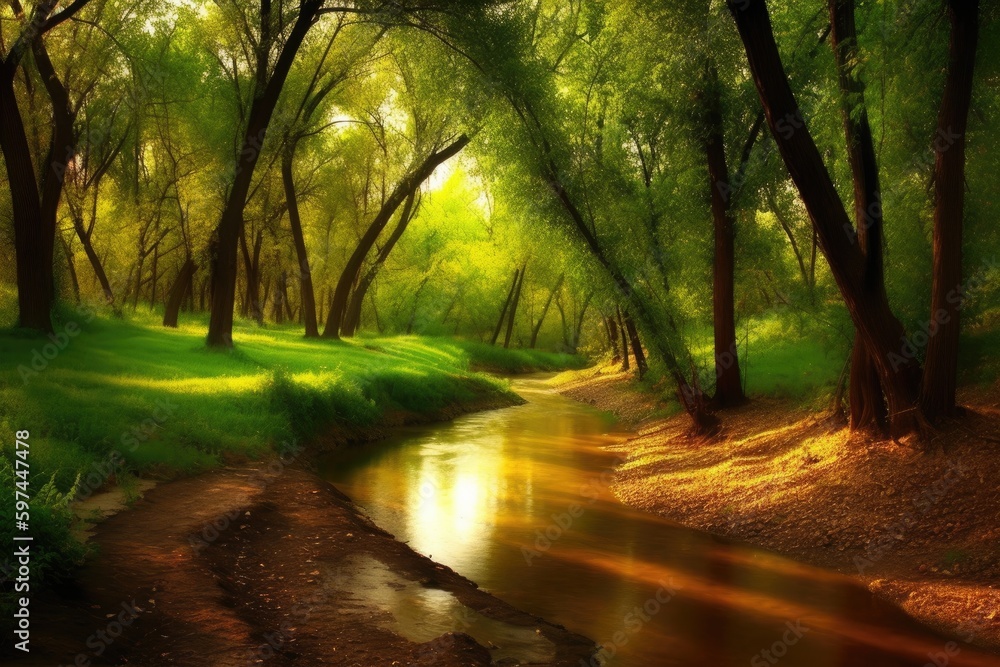 peaceful stream flowing through a vibrant green forest. Generative AI