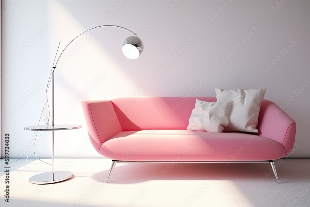 modern living room with a pink couch and a stylish floor lamp. Generative AI