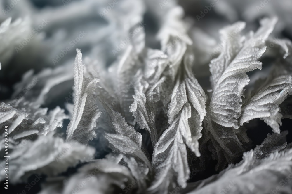 close-up view of a frost-covered plant. Generative AI