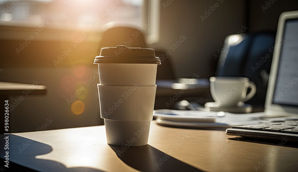 Coffee Paper cup of morning hot coffee for take away on table from cafe shop whit sunlight, calm and