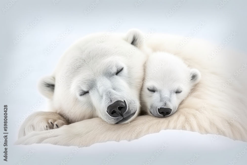 two polar bears snuggled together on a snowy landscape. Generative AI Generative AI