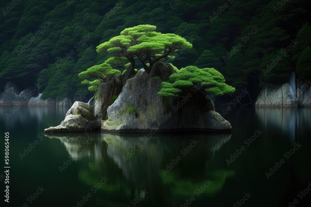 solitary tree growing on a rock in the center of a serene lake. Generative AI Generative AI