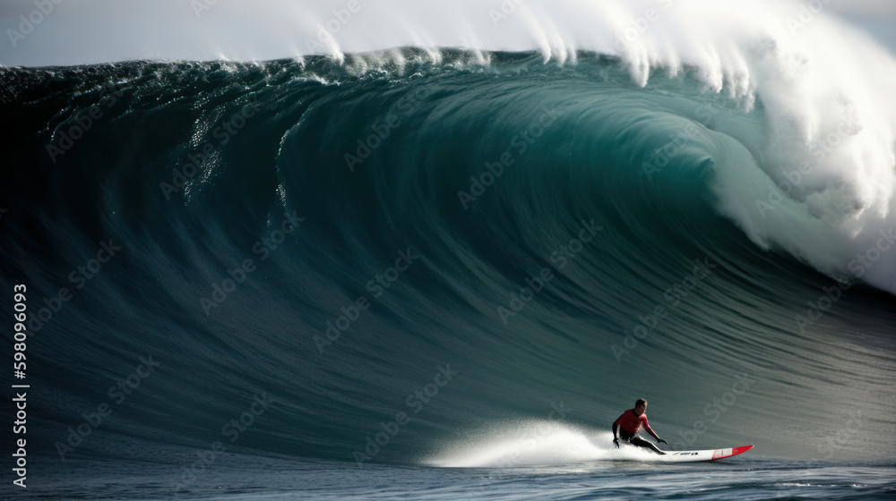 Surfers and big waves. Illustration AI Generative