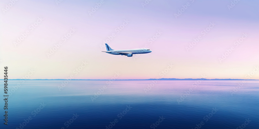 Passengers commercial airplane flying above sea surface on colorful paradise sunset. Airliner in fli