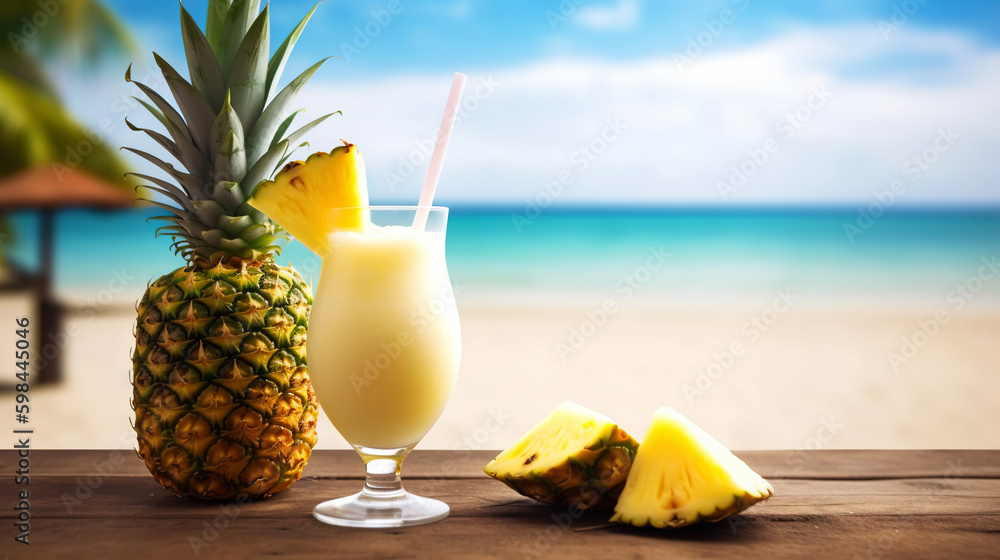 Pina Colada cocktail on background with blue sea and sky tropical background. Generative AI