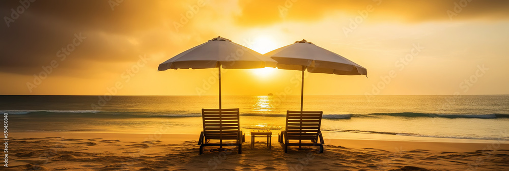 Two beach chair and umbrella on beautiful beach on sunset. Travel paradise concept. Generative AI