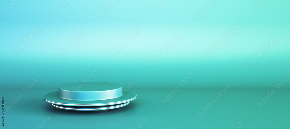 Abstract empty pedestal for product placement and advertisement on wide gradient blue background wit