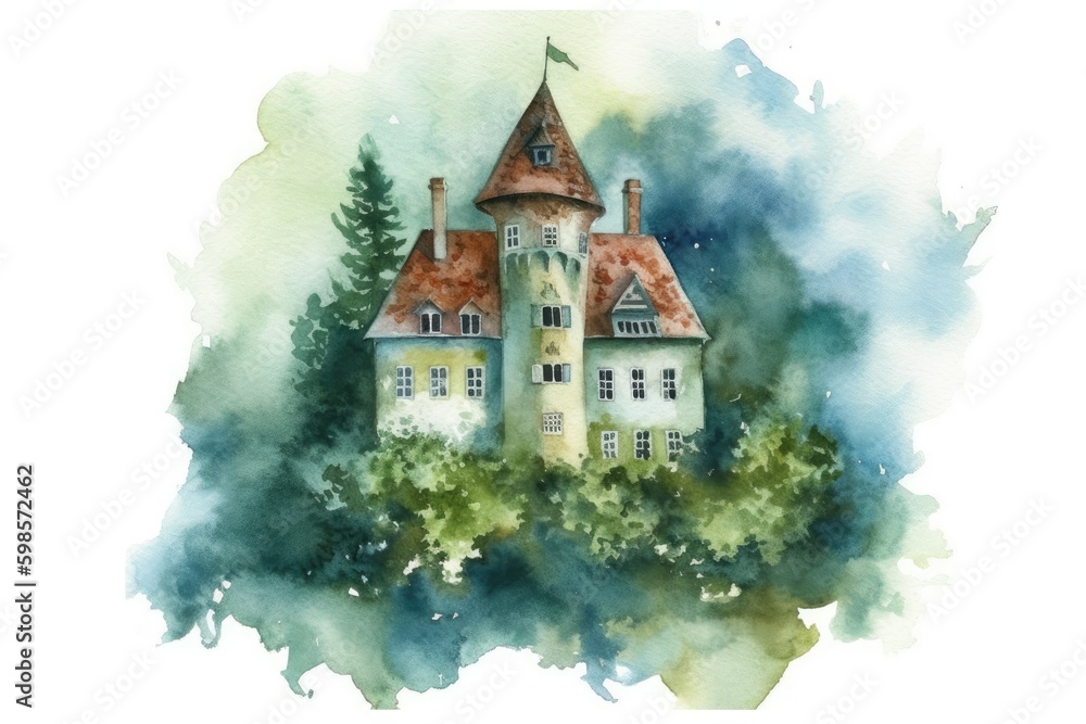 quaint house situated atop a rolling hill in a watercolor style. Generative AI Generative AI