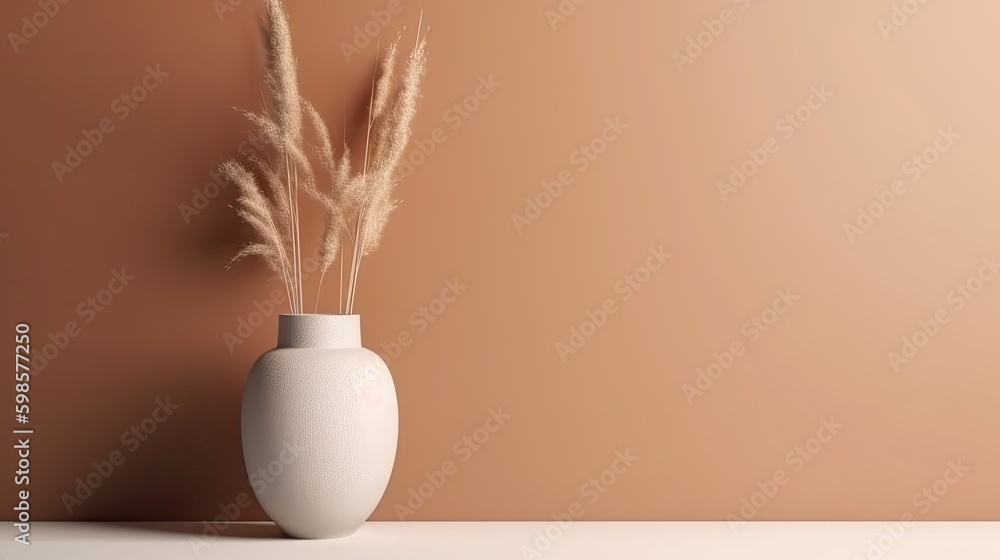 Minimalist background with vase and dry flowers. Illustration AI Generative.