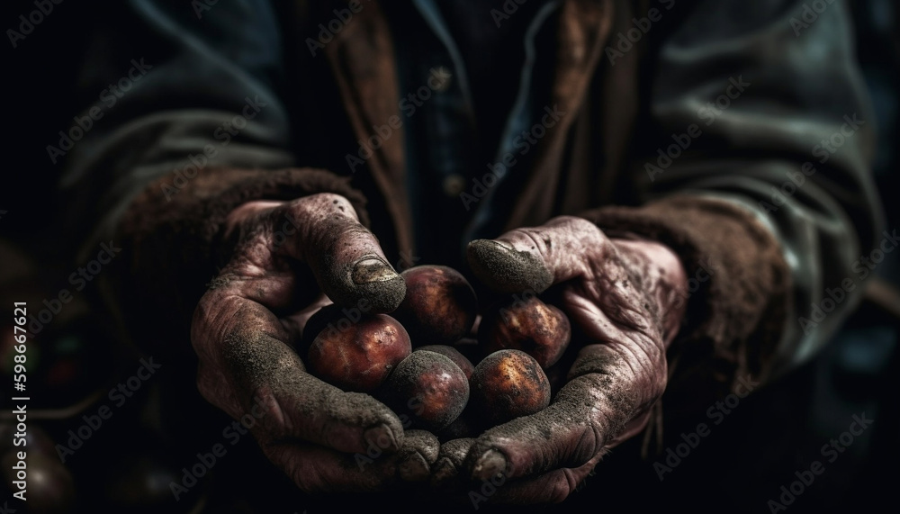 Dirty hands holding ripe organic autumn fruit generated by AI