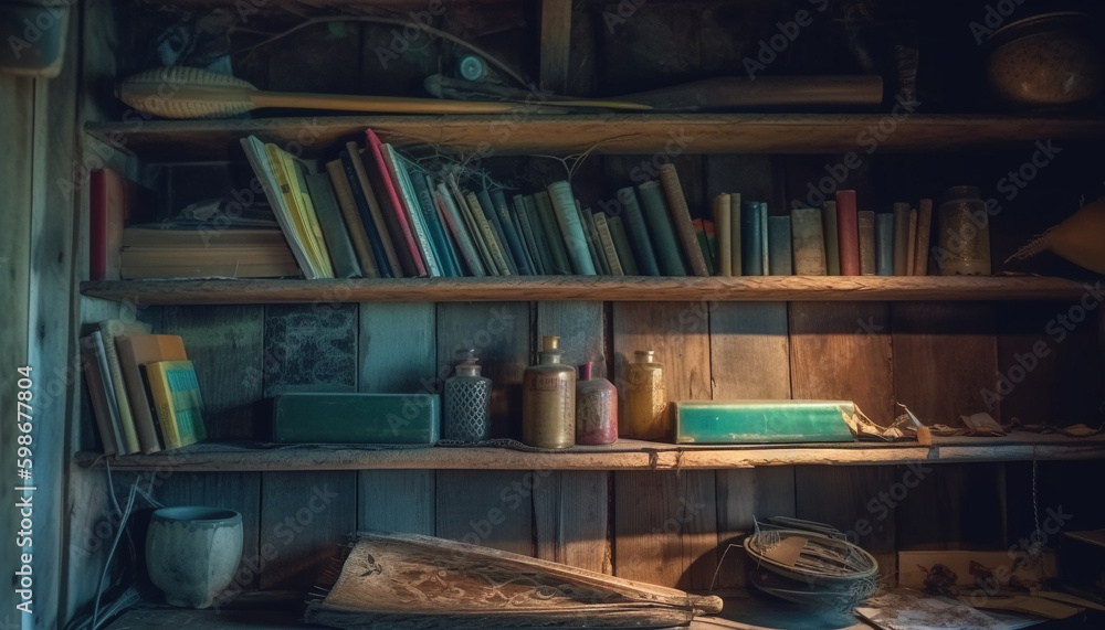 Antique book collection on rustic wooden shelves generated by AI