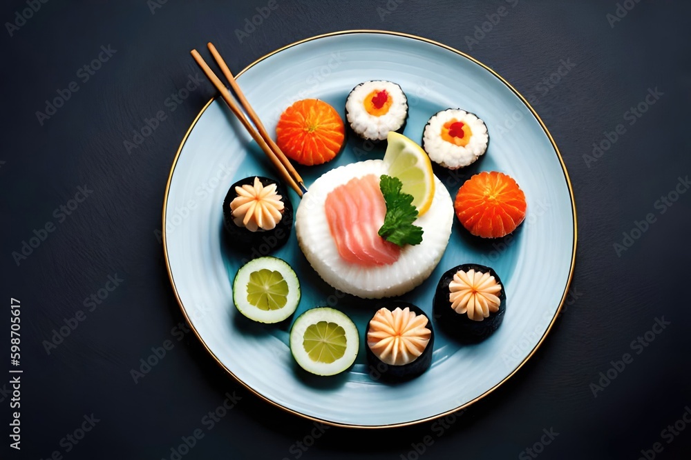 Sushi Set nigiri, rolls and sashimi served in traditional Japan black Sushioke round plate. generate