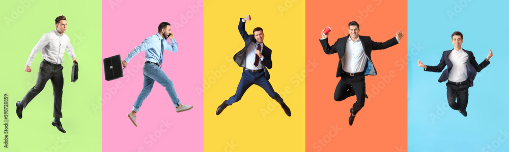 Set of jumping businessmen on colorful background