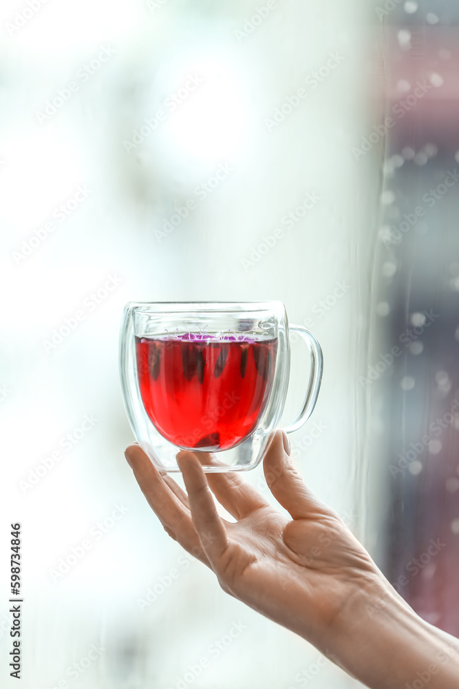 Female hand with cup of floral tea against window