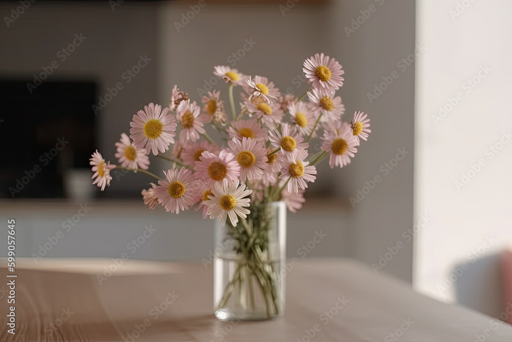 wooden table adorned with a bouquet of pink flowers in a vase Generative AI
