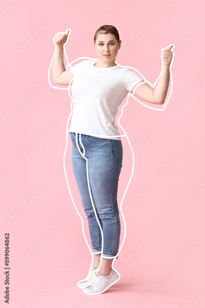 Happy young woman after weight loss showing thumb-up on pink background