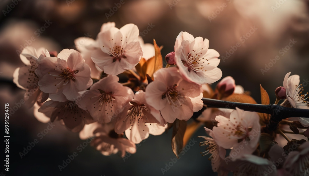 Fresh cherry blossom branch, vibrant pink petals generated by AI