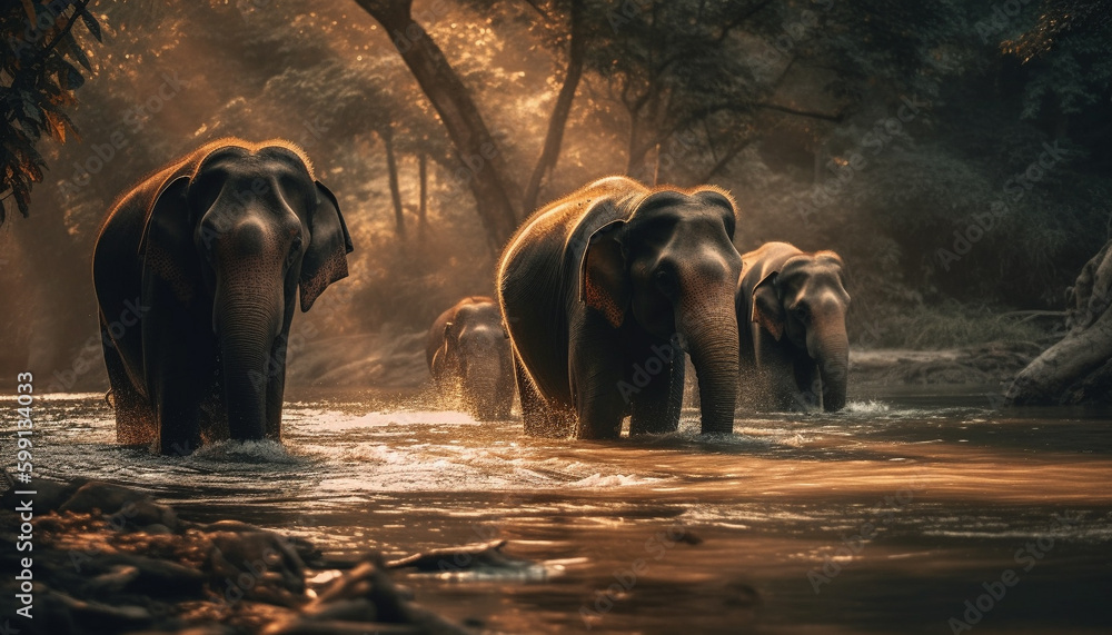 Large elephant herd splashing in tranquil water generated by AI