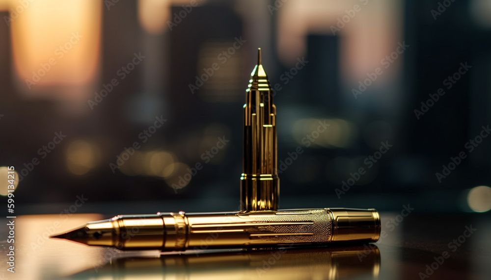 Shiny metal pen on office table reflects cityscape generated by AI