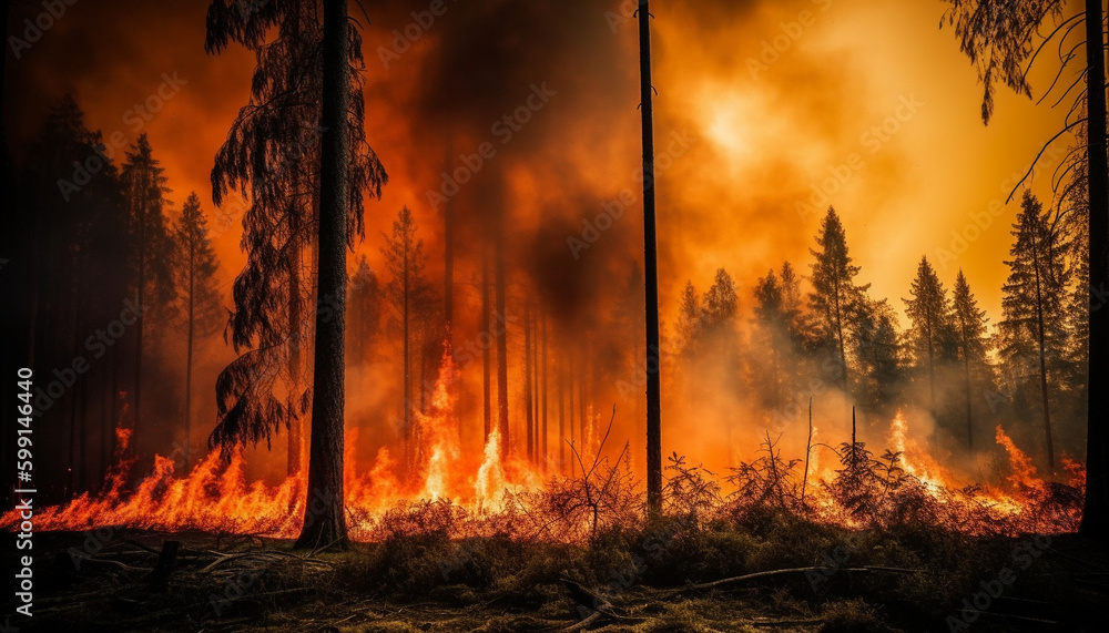 Burning pine tree, forest fire, environmental damage generated by AI