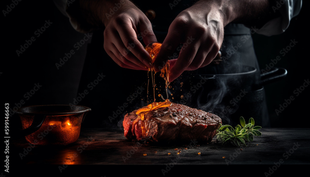Grilled steak fillet, cooked to perfection over flame generated by AI