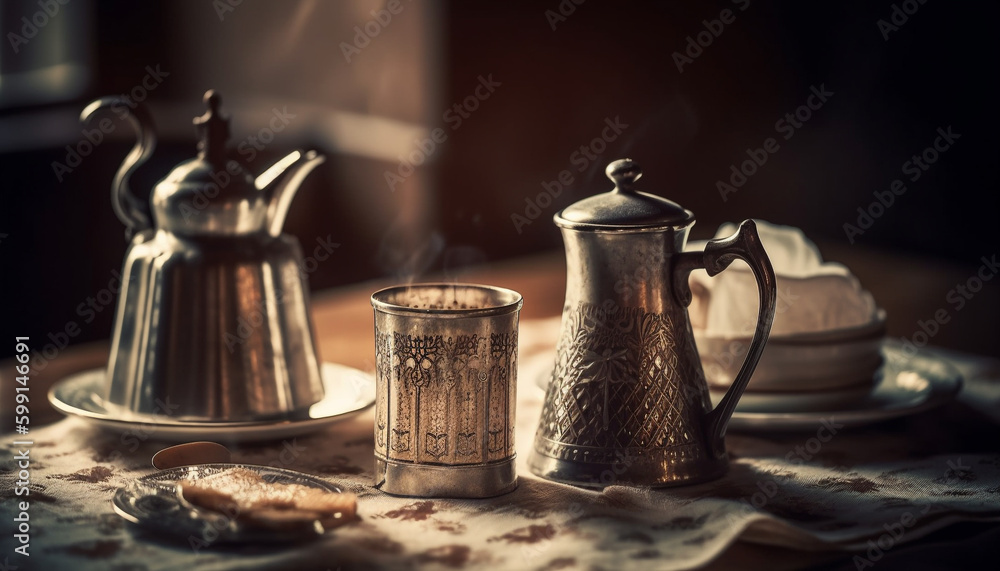 Rustic coffee pot and cup on table generated by AI