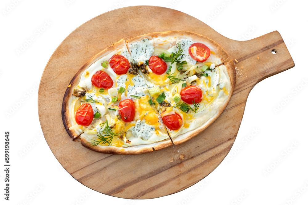German cuisine, Flammkuchen with cheese and tomatoes on a wooden tray. Isolate on white background