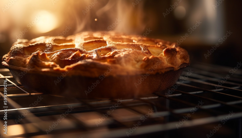 Sweet pie baked outdoors on a grill flame generated by AI