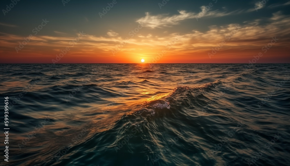 Golden sun sets over tranquil blue waves generated by AI