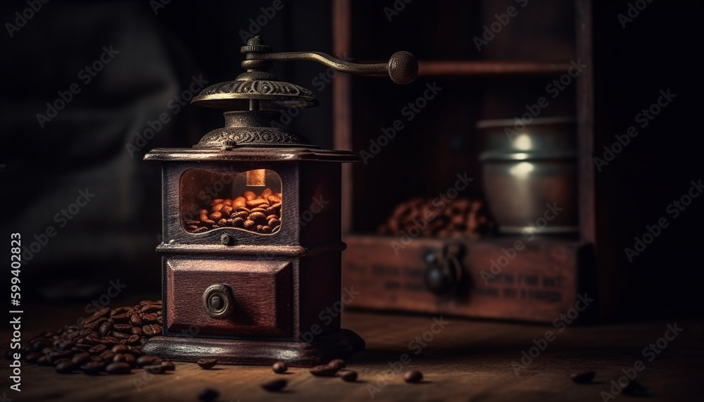 Freshly ground coffee beans in antique grinder generated by AI