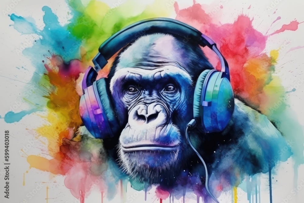 monkey wearing headphones with vibrant colors in the background Generative AI