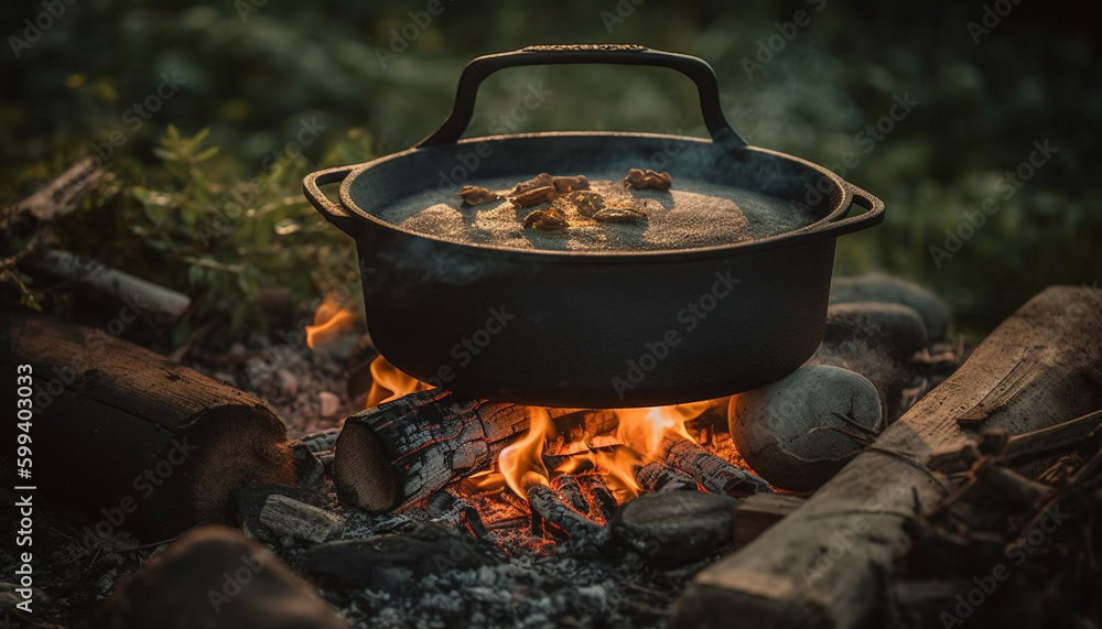Gourmet meat stew cooked over glowing campfire generated by AI