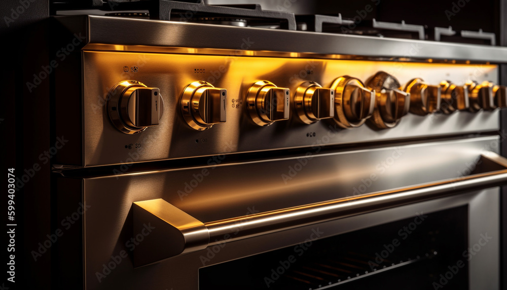 Shiny steel stove top handles natural gas flame generated by AI