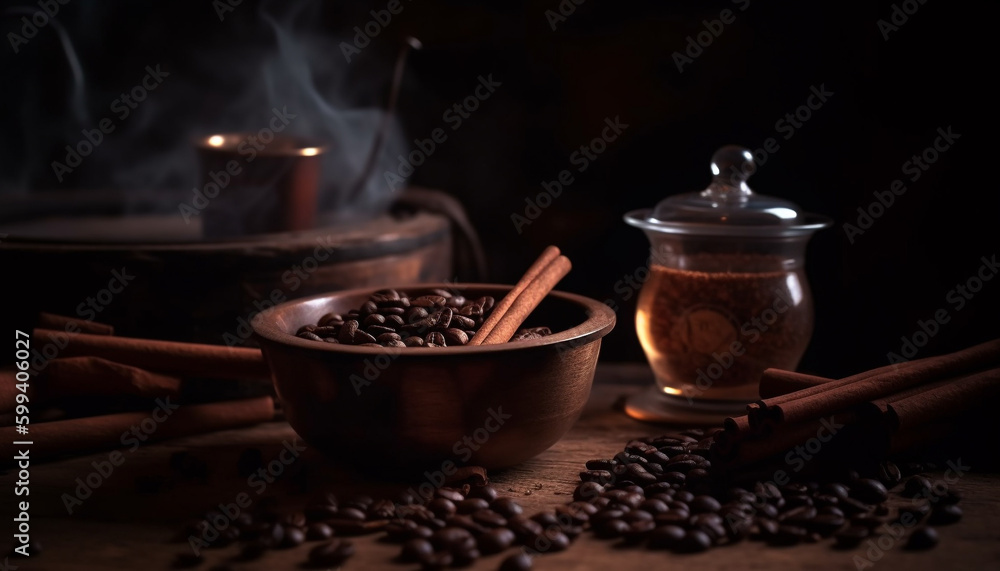 Dark coffee bean on rustic wood table generated by AI