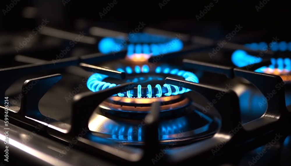 Glowing blue flame on stove top burner generated by AI