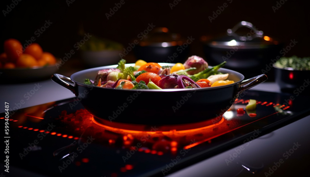 Fresh vegetables cooking on stove top flame generated by AI