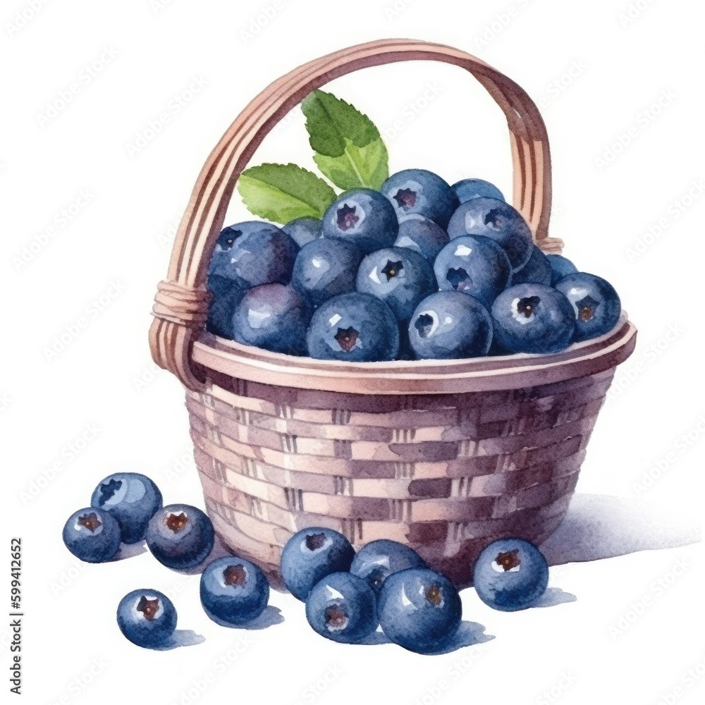 Watercolor blueberries in basket. Illustration Generative AI.