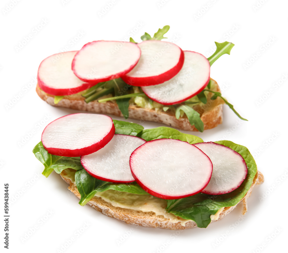 Delicious bruschettas with radish, spinach and arugula isolated on white background