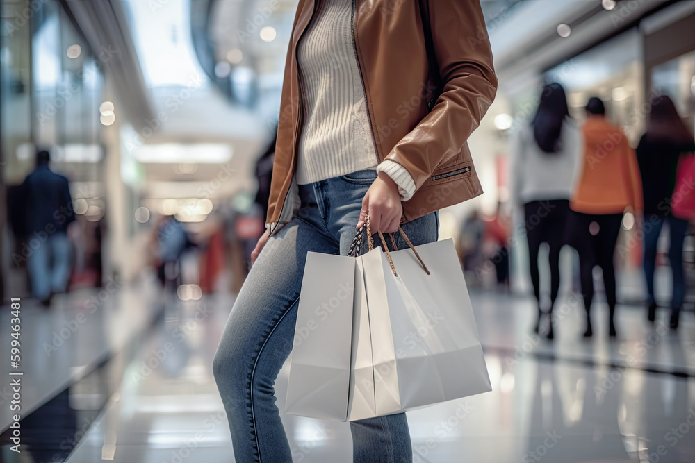 The blurred background of the shopping mall and a white shopping bag wearing a trench coat girl