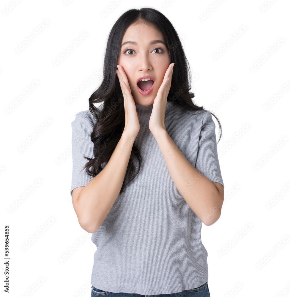 Young Asian doing a shocked surprise gesture with her hands on her face Isolate die cut on transpare