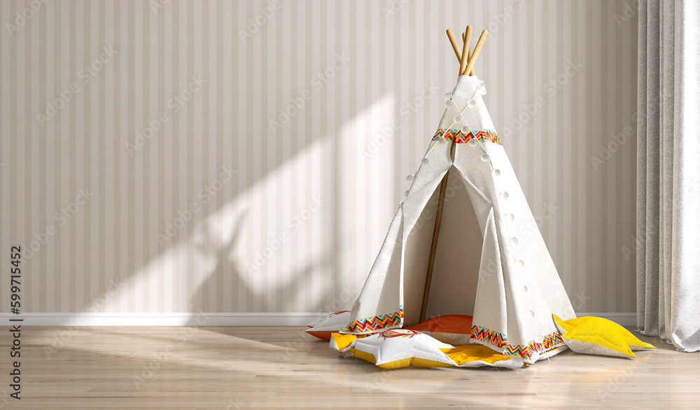 Cream fabric kid teepee tent, string light, cute red and yellow cushion pad in sunlight on cream whi