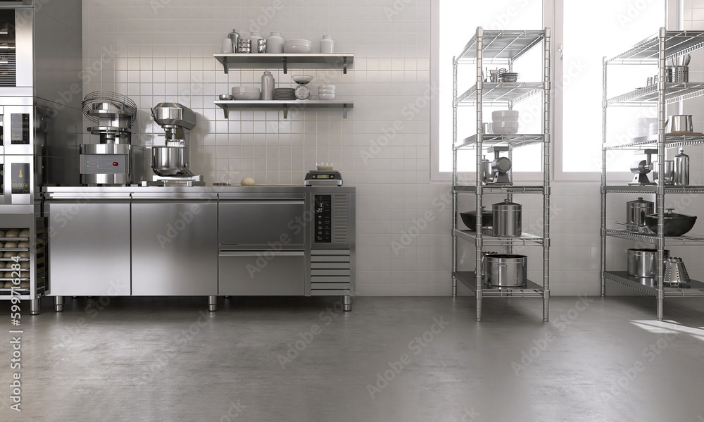 New, clean resin vinyl floor in commercial bakery kitchen and stainless steel cabinet, shelf with pr