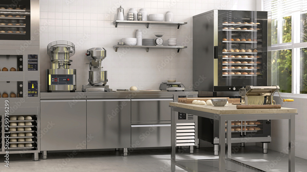 Commercial; professional bakery kitchen and stainless steel convection; bread bun baking in deck ove