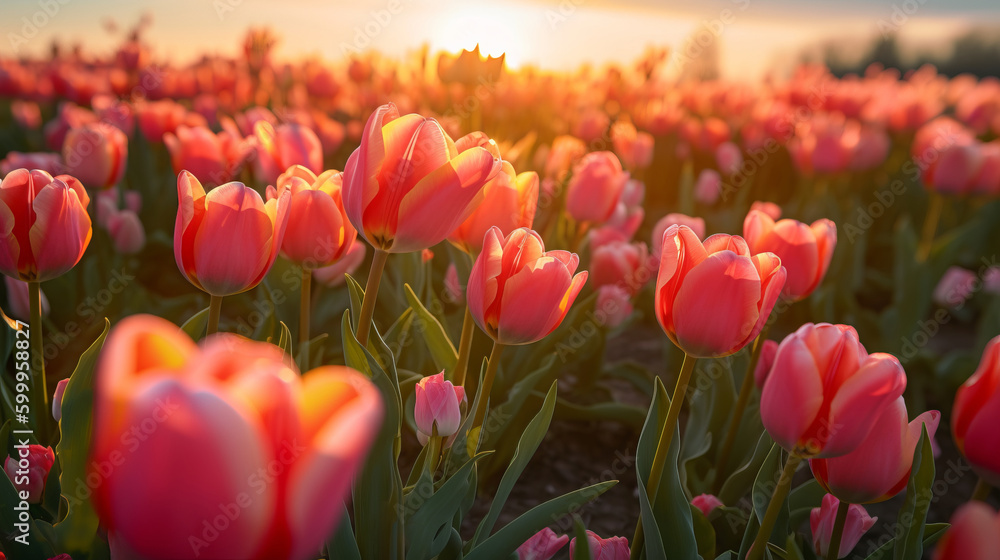 Tulips flower field. Illustration AI Generative.
