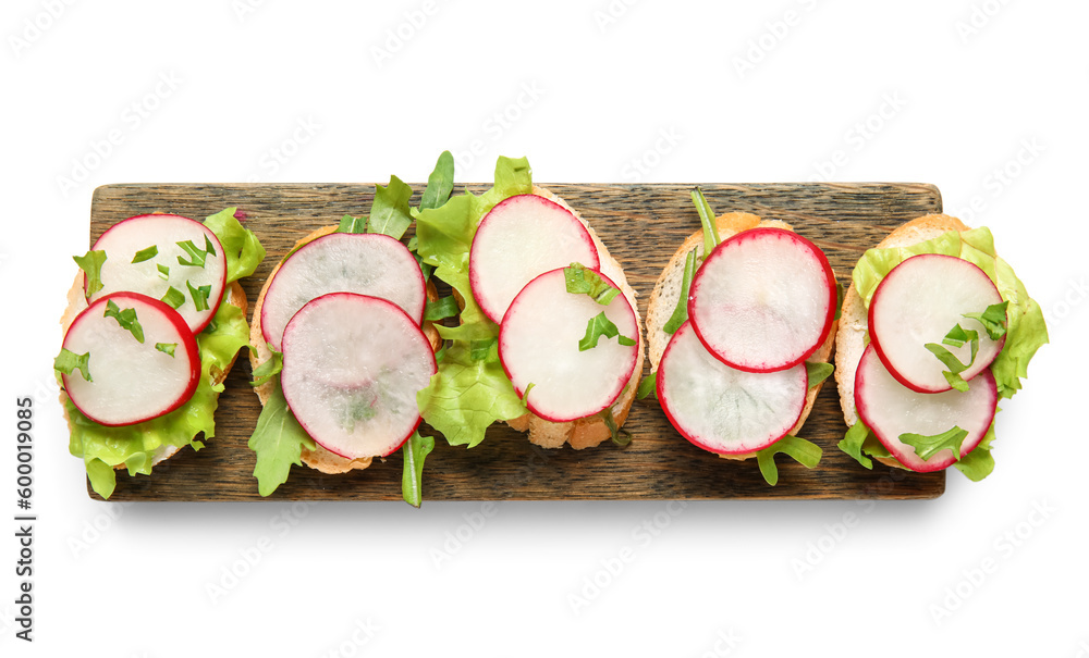 Board with delicious radish bruschettas isolated on white background
