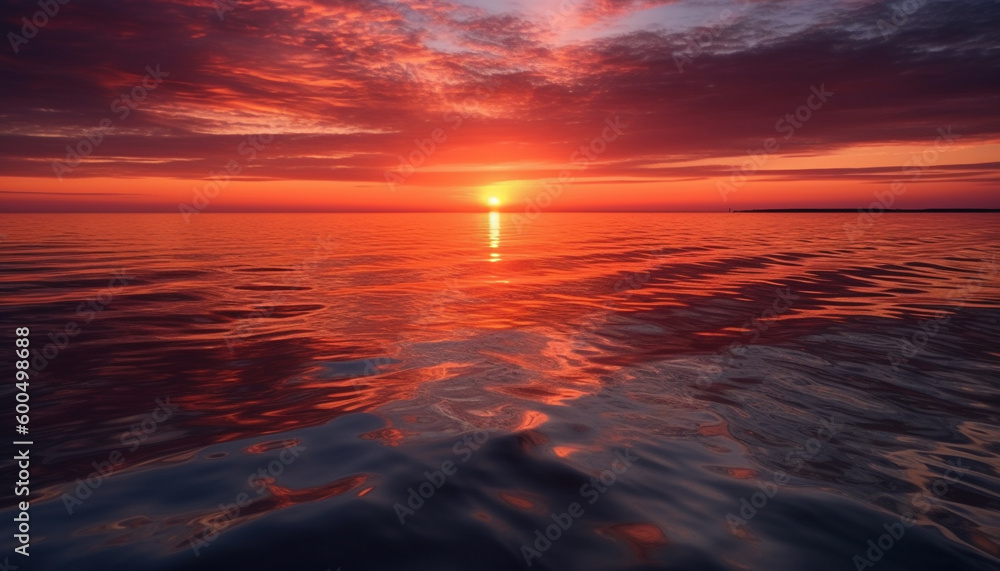 Sunset reflection on tranquil water, vibrant colors generated by AI