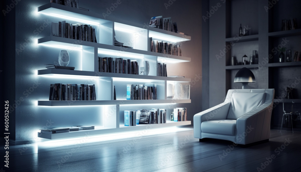 Modern living room with book collection and lamp generated by AI