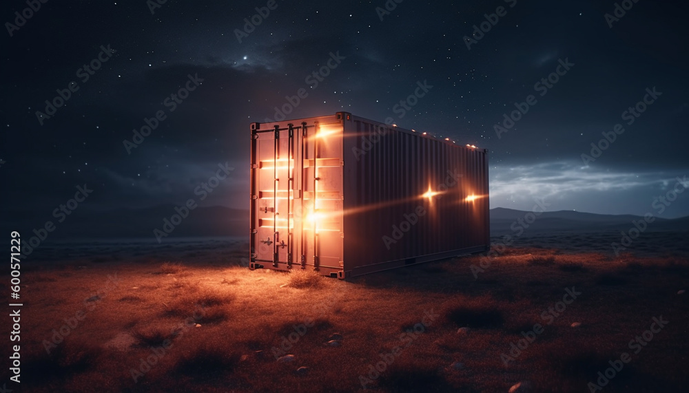 Glowing metal container delivers adventure to nature generated by AI